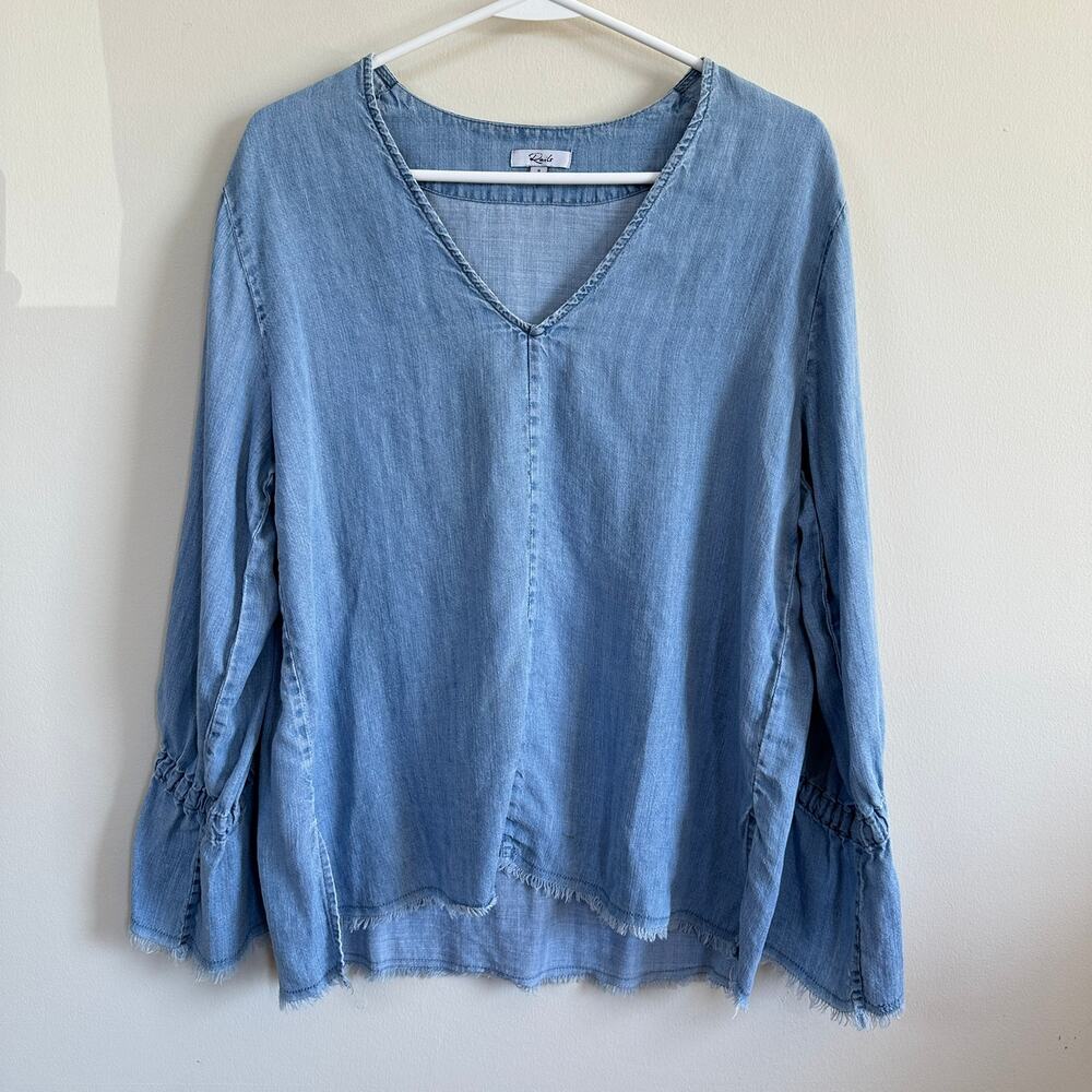 Rails Zimi Linen Blend Chambray V-Neck Bell Sleeve Top Distressed Raw Hem Boho S